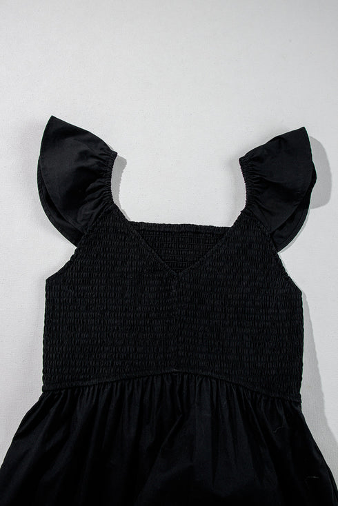 V Neck Flutter Sleeve Smocked Bodice High Waist Ruffle Maxi Dress