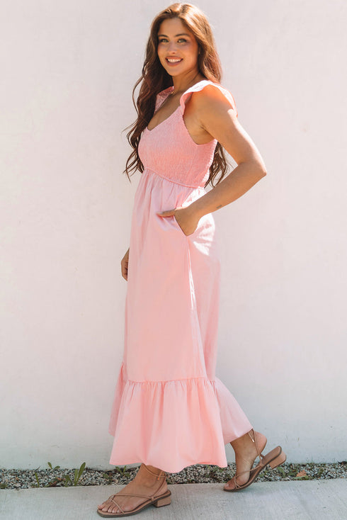 V Neck Flutter Sleeve Smocked Bodice High Waist Ruffle Maxi Dress