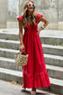 V Neck Flutter Sleeve Smocked Bodice High Waist Ruffle Maxi Dress