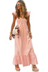 V Neck Flutter Sleeve Smocked Bodice High Waist Ruffle Maxi Dress