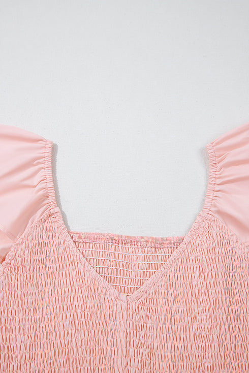 V Neck Flutter Sleeve Smocked Bodice High Waist Ruffle Maxi Dress