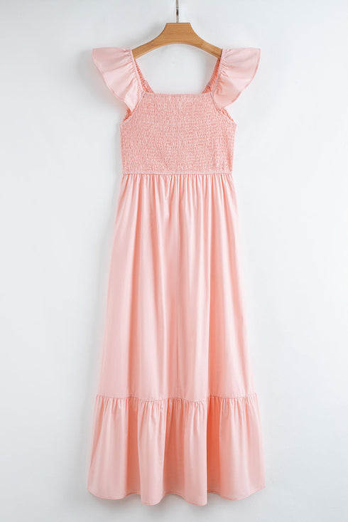 V Neck Flutter Sleeve Smocked Bodice High Waist Ruffle Maxi Dress