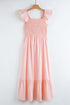 V Neck Flutter Sleeve Smocked Bodice High Waist Ruffle Maxi Dress