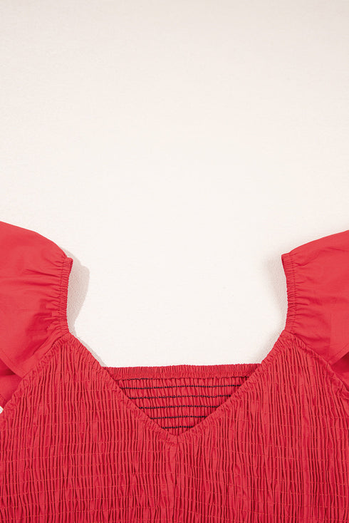 V Neck Flutter Sleeve Smocked Bodice High Waist Ruffle Maxi Dress