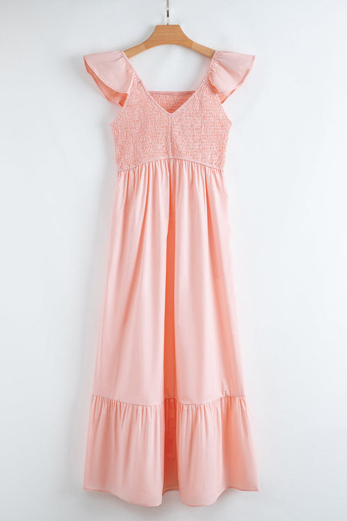 V Neck Flutter Sleeve Smocked Bodice High Waist Ruffle Maxi Dress