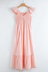 V Neck Flutter Sleeve Smocked Bodice High Waist Ruffle Maxi Dress