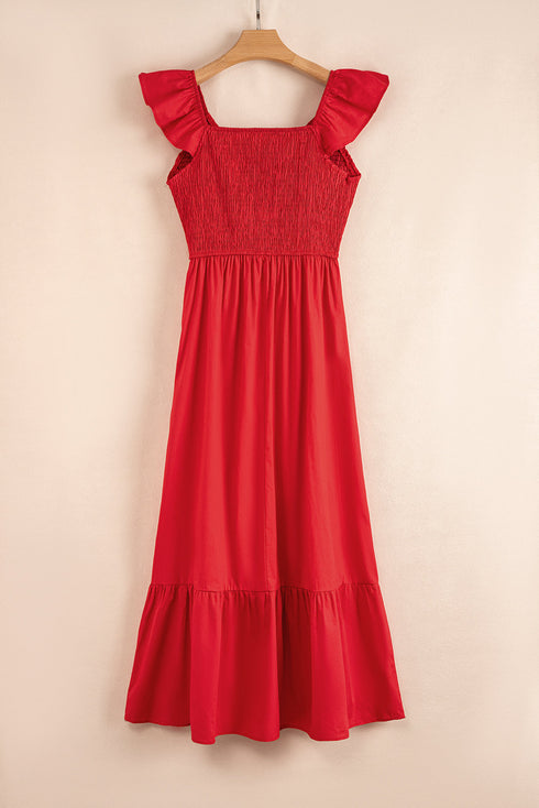 V Neck Flutter Sleeve Smocked Bodice High Waist Ruffle Maxi Dress