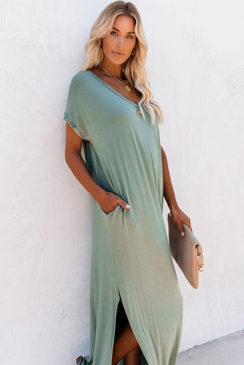 V Neck Hidden Pocket Splits Maxi T-shirt Dress