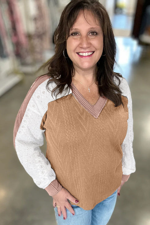 V Neck Lace Sleeve Patchwork Textured Blouse