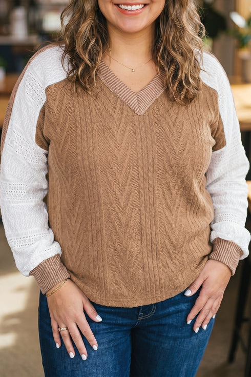 V Neck Lace Sleeve Patchwork Textured Blouse