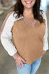 V Neck Lace Sleeve Patchwork Textured Blouse