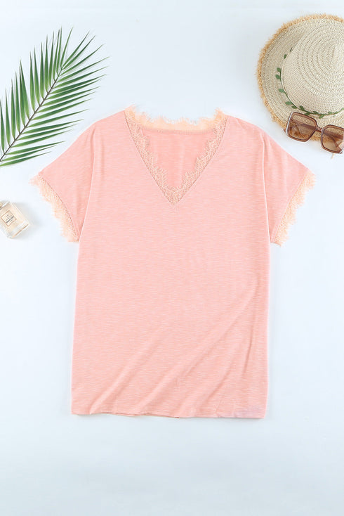 V Neck Lace Trim Short Sleeve Top
