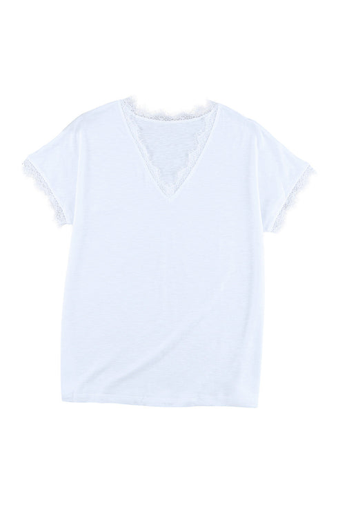 V Neck Lace Trim Short Sleeve Top