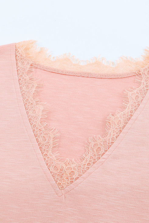 V Neck Lace Trim Short Sleeve Top