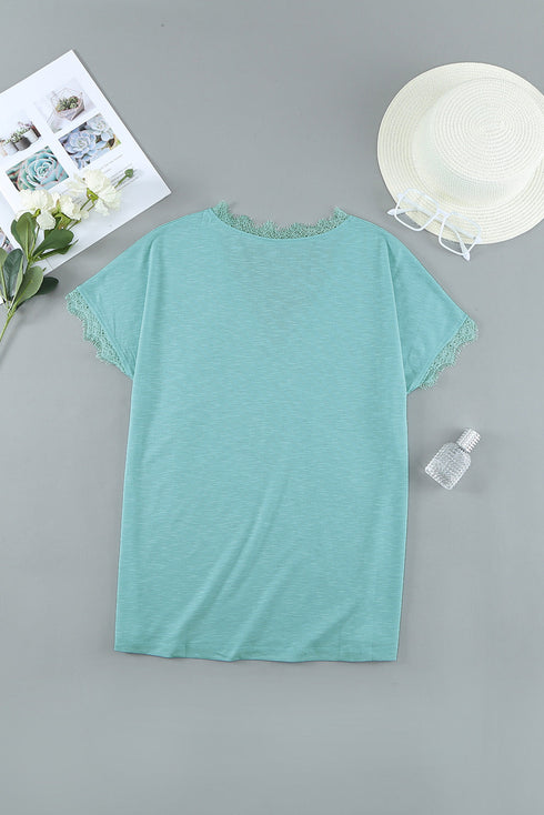 V Neck Lace Trim Short Sleeve Top