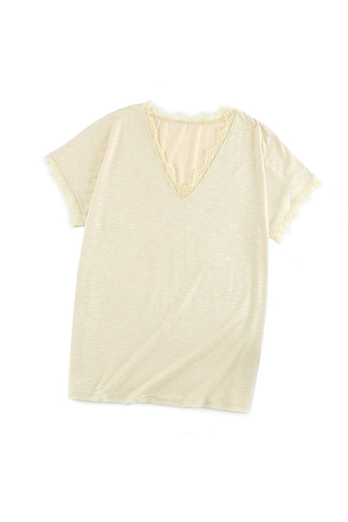 V Neck Lace Trim Short Sleeve Top