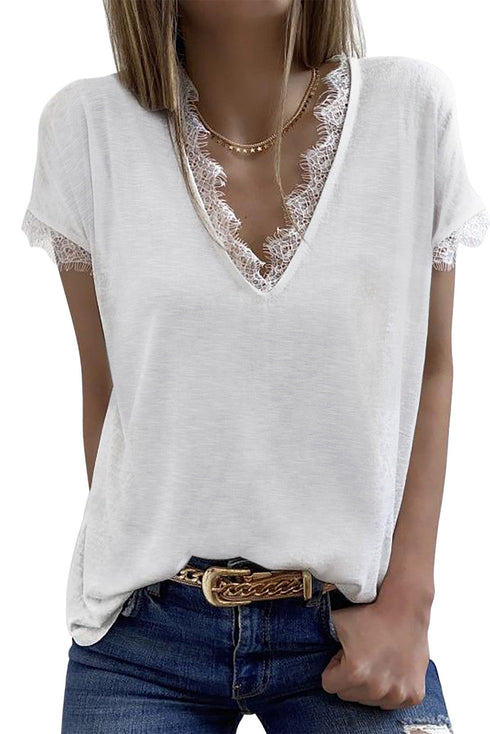 V Neck Lace Trim Short Sleeve Top