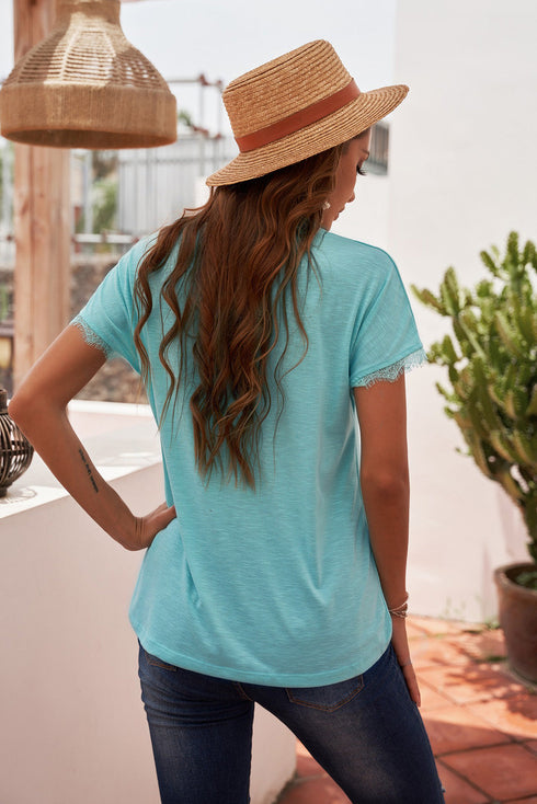 V Neck Lace Trim Short Sleeve Top
