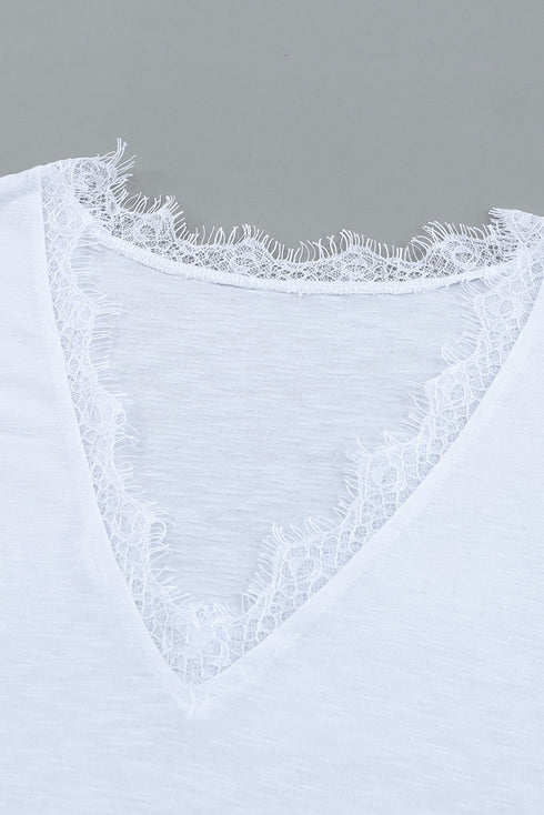 V Neck Lace Trim Short Sleeve Top