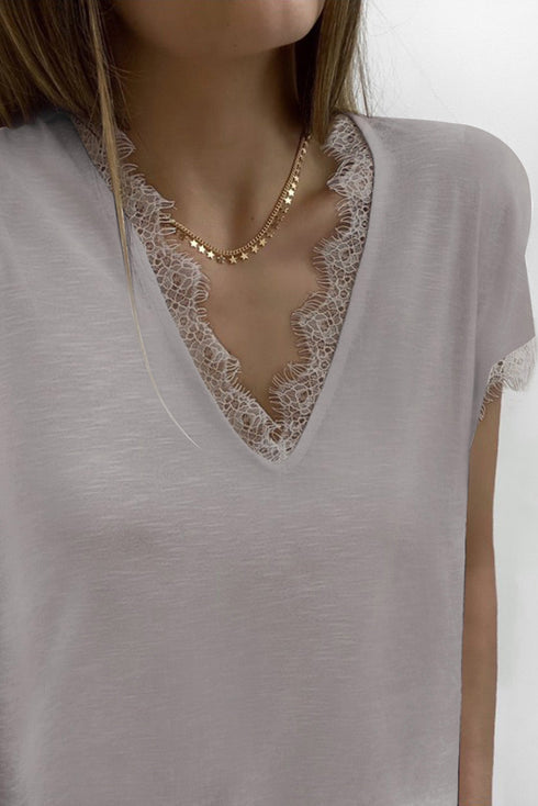 V Neck Lace Trim Short Sleeve Top