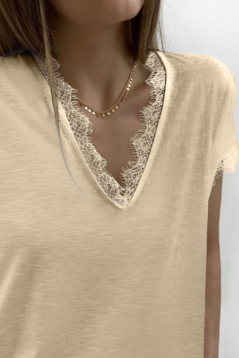 V Neck Lace Trim Short Sleeve Top