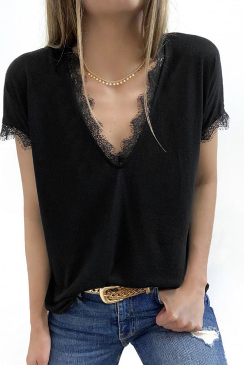 V Neck Lace Trim Short Sleeve Top