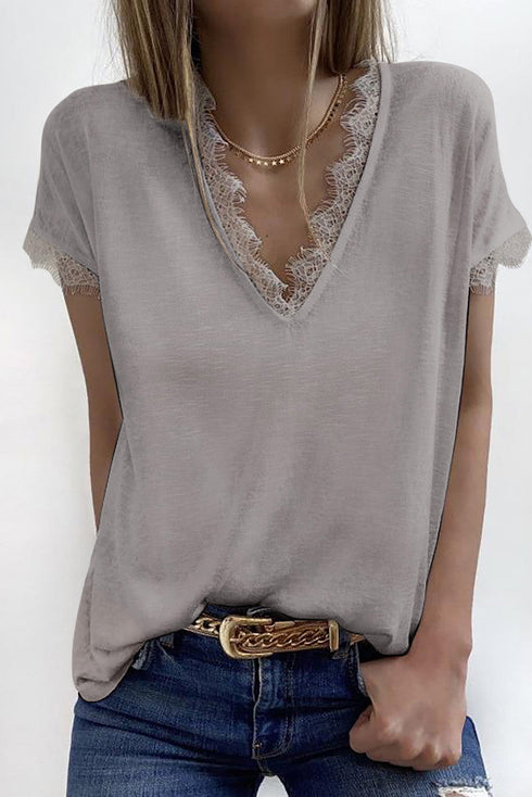 V Neck Lace Trim Short Sleeve Top