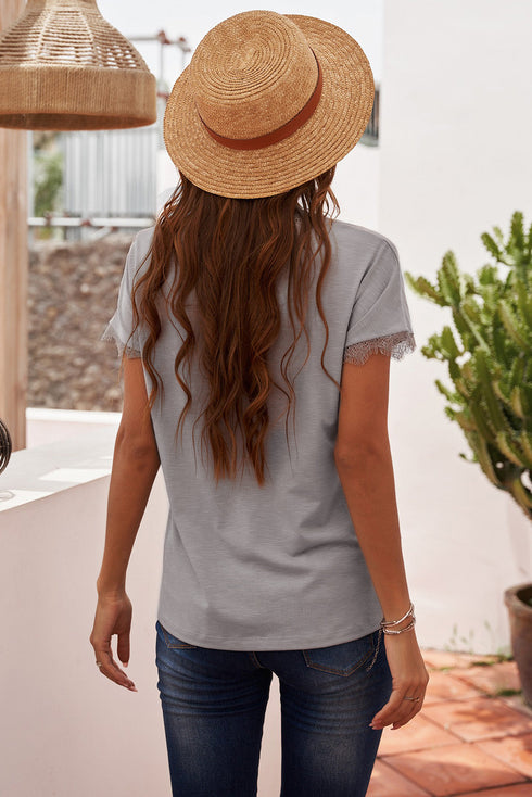V Neck Lace Trim Short Sleeve Top