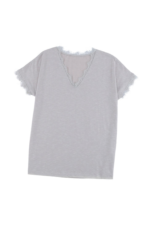 V Neck Lace Trim Short Sleeve Top