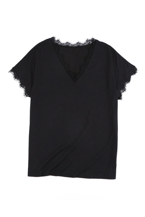 V Neck Lace Trim Short Sleeve Top