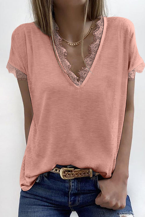 V Neck Lace Trim Short Sleeve Top