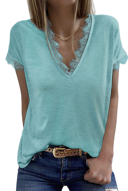 V Neck Lace Trim Short Sleeve Top