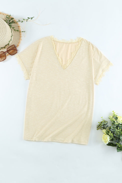 V Neck Lace Trim Short Sleeve Top