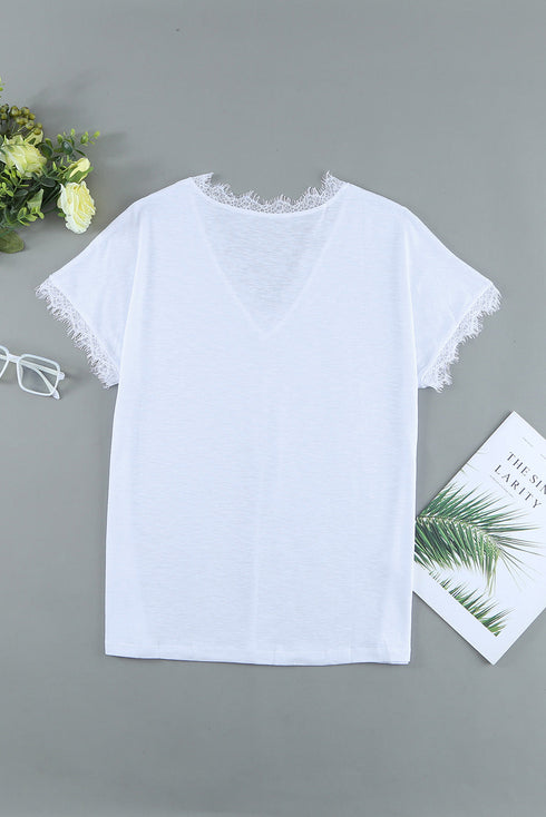 V Neck Lace Trim Short Sleeve Top