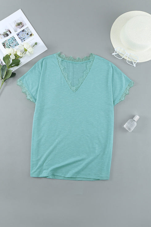 V Neck Lace Trim Short Sleeve Top