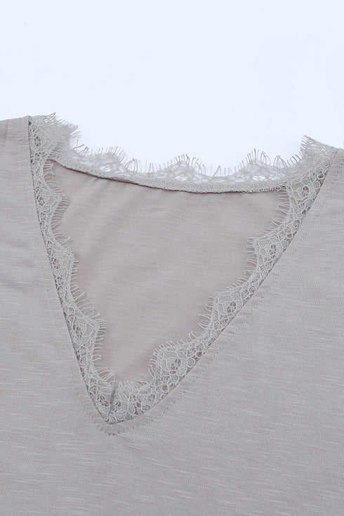 V Neck Lace Trim Short Sleeve Top