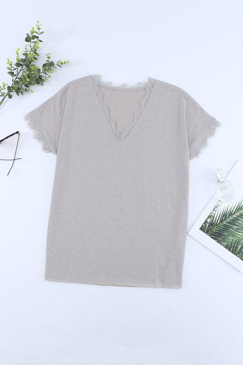 V Neck Lace Trim Short Sleeve Top