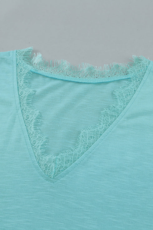 V Neck Lace Trim Short Sleeve Top