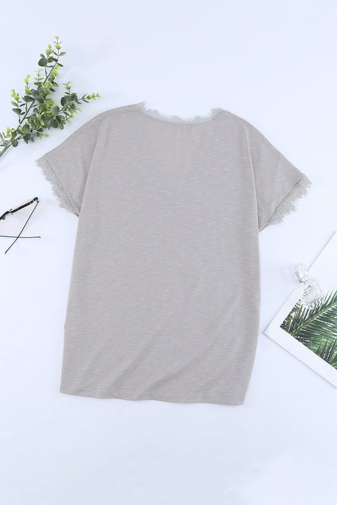 V Neck Lace Trim Short Sleeve Top