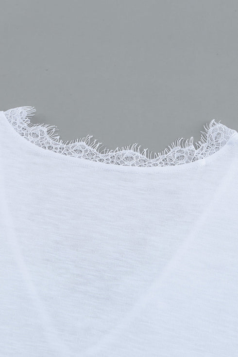 V Neck Lace Trim Short Sleeve Top