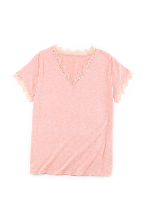 V Neck Lace Trim Short Sleeve Top