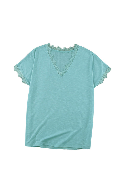 V Neck Lace Trim Short Sleeve Top