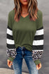 V Neck Leopard Stripe Splice Lantern Sleeve Top