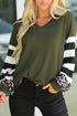 V Neck Leopard Stripe Splice Lantern Sleeve Top