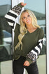 V Neck Leopard Stripe Splice Lantern Sleeve Top