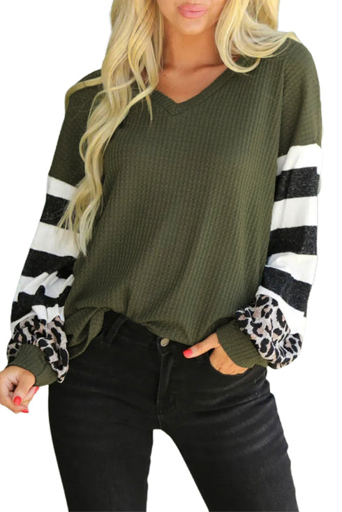V Neck Leopard Stripe Splice Lantern Sleeve Top