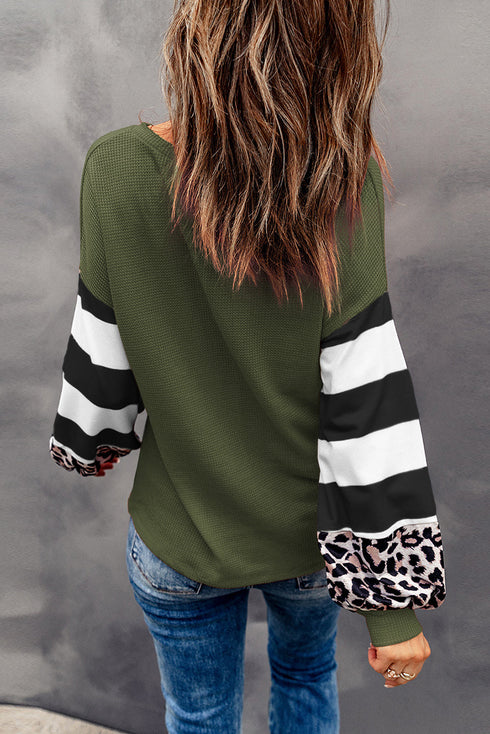 V Neck Leopard Stripe Splice Lantern Sleeve Top