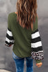 V Neck Leopard Stripe Splice Lantern Sleeve Top