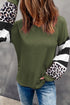 V Neck Leopard Stripe Splice Lantern Sleeve Top