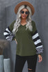 V Neck Leopard Stripe Splice Lantern Sleeve Top